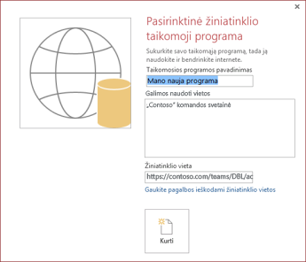 Naujos pasirinktinės žiniatinklio taikomosios programos dialogo langas, kurio lauke Galimos vietos rodoma „Contoso“ komandos svetainė.