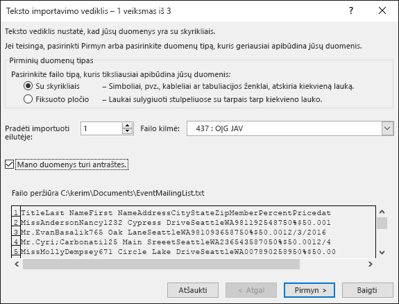 „Excel“ išorinių duomenų gavimas iš teksto, teksto importavimo vediklis, 1 veiksmas iš 3