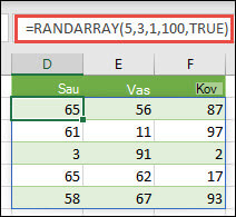 Funkcija RANDARRAY su Min., Maks. ir Sveikojo skaičiaus argumentais