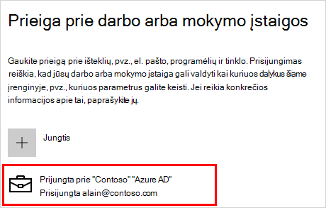 Prieiga prie darbo arba mokymo įstaigos ekrano naudojant prijungtą "Contoso" paskyrą