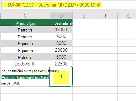 3 pavyzdys: SUM ir IF įdėtos į formulę