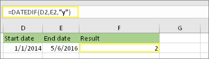 =DATEDIF(D2,E2,"y") ir rezultatas: 2