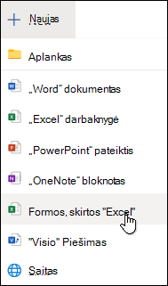 "Excel" parinkties Įterpti formą programoje "Excel", skirta žiniatinkliui