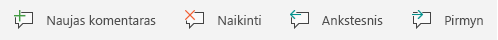 Komentarų mygtukai programoje „Windows Mobile“: Kurti naują komentarą, Naikinti dabartinį komentarą, Pereiti prie ankstesnio komentaro ir Eiti į kitą komentarą