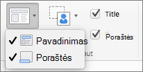 Ekrano kopijoje pavaizduotos pavadinimo ir poraštės parinktys, galimos grupėje Ruošinio maketas.