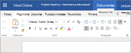 Pavadinimo juostos spustelėjimas, kad būtų galima pakeisti „Word Online“ dokumento pavadinimą.