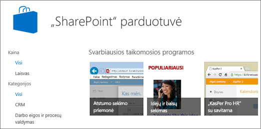 "SharePoint" parduotuvės programėlės pasirinkimo rodinys