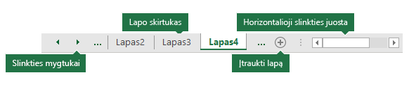 "Excel" lapų skirtukai, matomi "Excel" srities apačioje