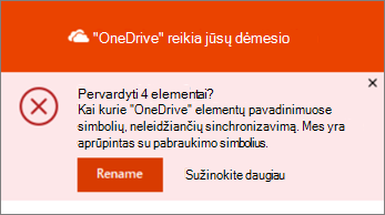 "OneDrive" darbalaukio sinchronizavimo programos pervardijimo pranešimo ekrano nuotrauka