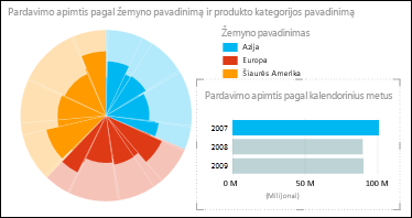 „Power View“ skritulinė diagrama, vaizduojanti pardavimą pagal kontinentą pasirinkus 2007 m. duomenis