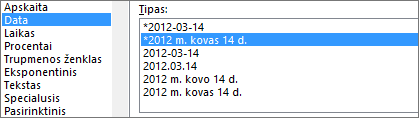 Dialogo langas Langelių formatavimas, datos komanda, 2012-03-14 13:30 tipas