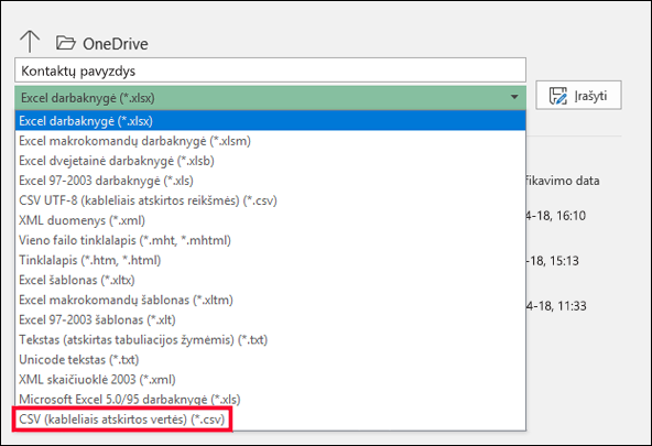 Įrašykite „Excel“ failą kaip CSV failą.
