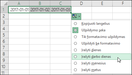 Naudokite užpildo rankenėlę, kad sukurtumėte nuoseklių datų sąrašą