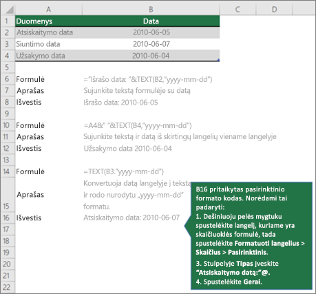 Pavyzdžiai, kaip formulės gali sujungti tekstą su datos ir laiko reikšmėmis