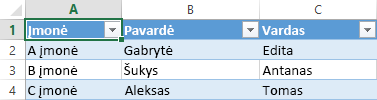 Excel spreadsheet displaying three records of data across three columns