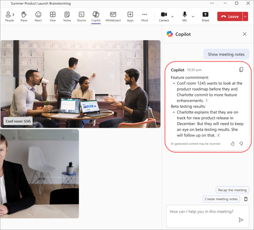 Screenshot showing AI notes from a Microsoft Teams Room meeting where some participants have not set up speaker recognition.