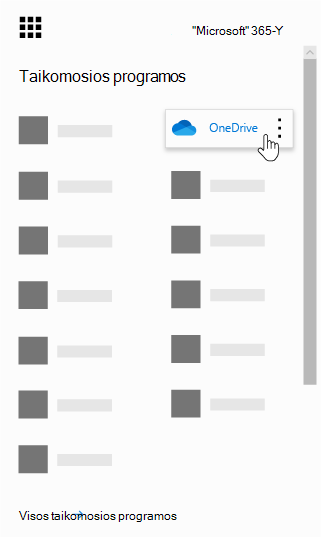 „Office 365“ programų vykdyklė su pažymėta programa „OneDrive“