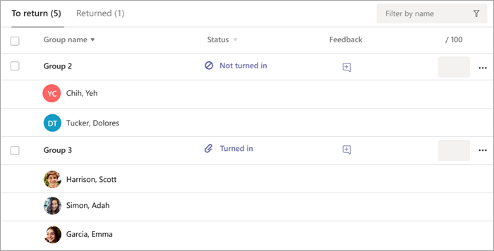 List of group assignments to return in assignment grading view