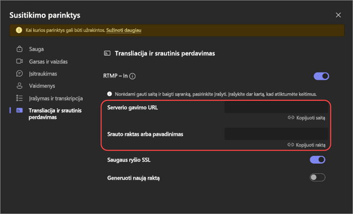 Ekrano nuotrauka, rodanti RTMP-In parametrus susitikimo parinktyse.