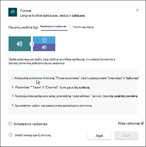 Dialogo langas Formos Teams, kuriame aprašoma, kaip sukurti automatinę apklausos darbo eigą naudojant Power Automate.