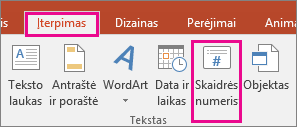 programos „PowerPoint“ juostelėje rodomas skaidrių numerių mygtukas