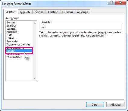 Dialogo lango Langelių formatavimas parinktis Įrašyti kaip tekstą