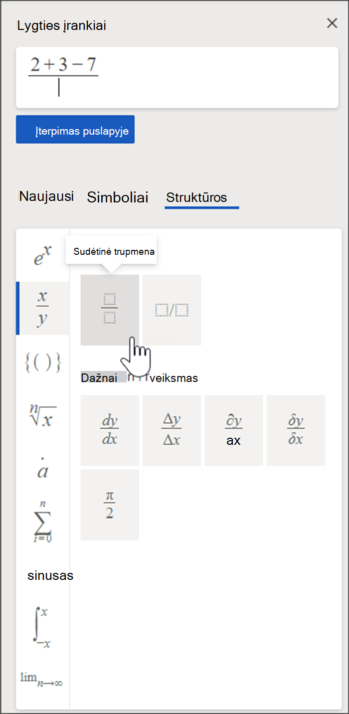 Side panel of Equation Tools that holds a box where you draft your equation and a library of structures and symbols