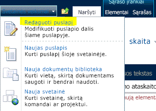 Komanda Redaguoti puslapį meniu Svetainės veiksmai