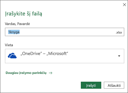 Įrašymo dialogo langas „Microsoft Excel“, skirtoje „Office 365“