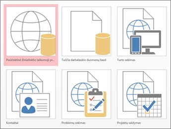 Šablonų rodinys „Access“ paleisties ekrane