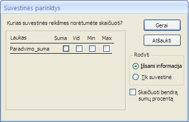 Suvestinės parinktys ataskaitų vedlyje