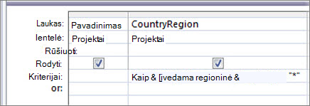 Užklausos dizaino tinklelis su šiais kriterijais stulpelyje šalis/regionas: Primena "*" & [Įvesti šalį/regioną:] & "*"