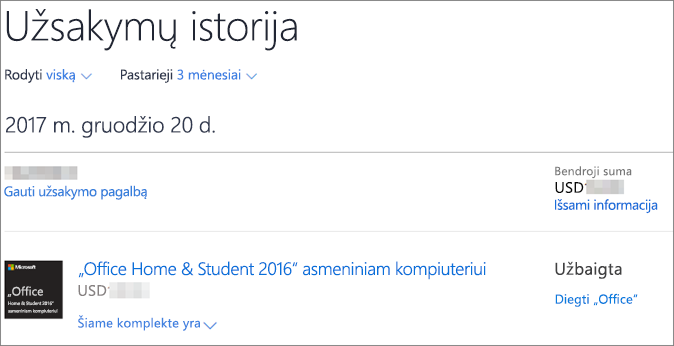 Rodo „Microsoft Store“ užsakymų retrospektyvos puslapį