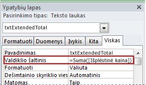 Išraiška teksto laukelio valdiklio šaltinio ypatybėje.