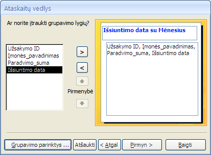 Grupavimo lygių įtraukimas ataskaitų vedlyje