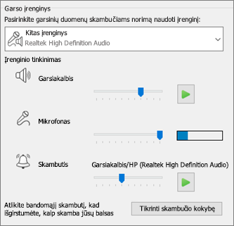 Tinkinti garso įrenginio parametrai, mikrofonas, garso įrenginio skambutis 