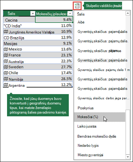 Įtraukite stulpelį į geografijos duomenų tipą pasirinkdami ypatybę iš mygtuko Įtraukti stulpelį.