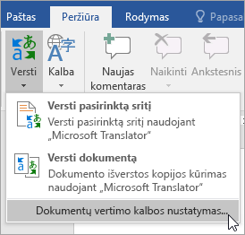 Vertimo meniu rodomas dokumento vertimo kalbos nustatymas