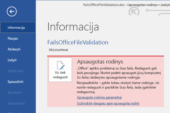 Apsaugoto rodinio „Office“ failų tikrinimo klaidos „Backstage“ rodinys