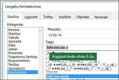 Pavyzdys, kaip naudojant dialogo langą Formatas > Langeliai > Skaičius > Pasirinktinis „Excel“ gali už jus sukurti formato eilutes.