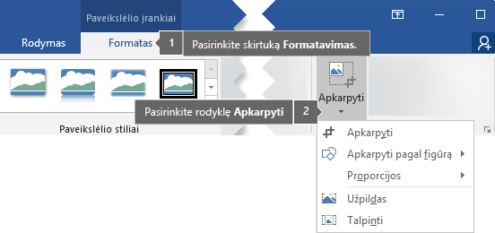 Mygtukas Apkarpyti yra skirtuke Paveikslėlio įrankiai Formatas