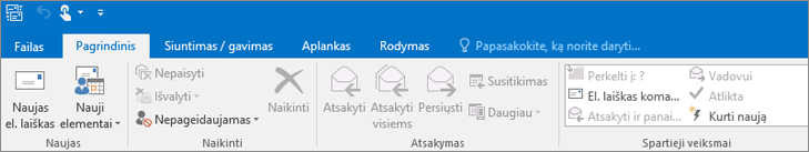 Štai, kaip atrodo juostelė programoje „Outlook 2016“.