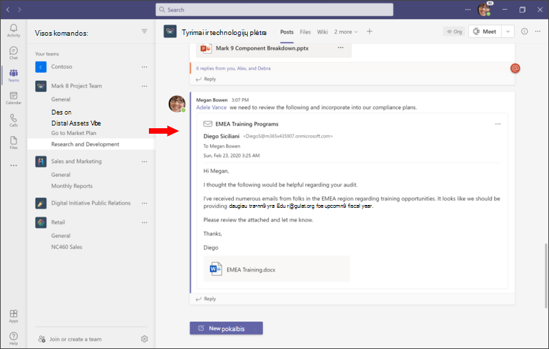 Bendrinti "Teams" – peržiūrėkite el. paštą "Teams" ekrano kopijoje
