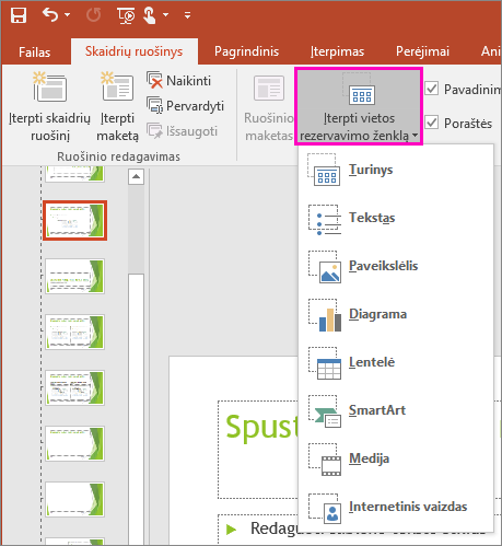 Rodomas mygtukas Įterpti vietos rezervavimo ženklą skaidrių ruošinio rodinyje programoje „PowerPoint“
