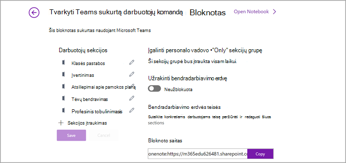 Bloknoto pedagogams parametrų valdymo puslapio programoje "OneNote" ekrano nuotrauka.