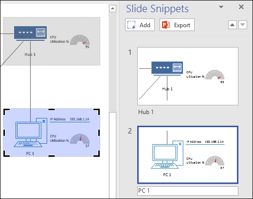 Skaidrių fragmentų srities programoje „Visio“ ekrano nuotrauka su rodomomis dviem skaidrių peržiūromis.