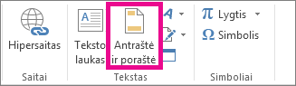 Parinktis Antraštė ir poraštė skirtuke Įterpti