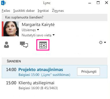 „Lync“ pagrindinio lango rodinys Susitikimai