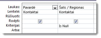 Vaizdai rodo kriterijų lauką užklausos dizaino įrankyje su neapibrėžtais kriterijais
