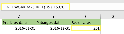 =NETWORKDAYS.INTL(D53,E53,1) ir rezultatas: 261